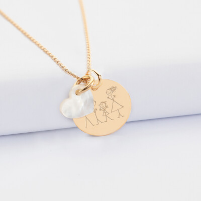 Pendentif personnalisé médaille gravée plaqué or 19 mm et breloque nacre 10 mm - dessin