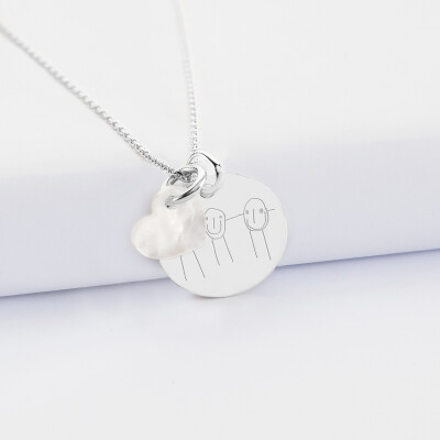 Pendentif personnalisé médaille gravée argent 19 mm et breloque nacre 10 mm - dessin