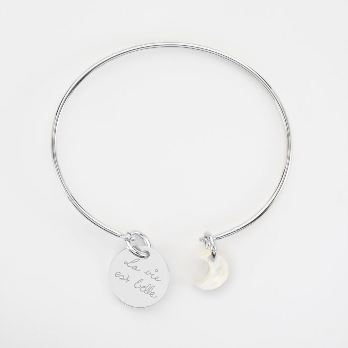 Bracelet personnalisé jonc argent ouvert médaille gravée 15 mm et breloque nacre 10 mm - mot