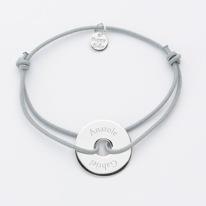 Bracelet personnalisé médaille gravée argent cible 20mm prénoms 3 imp