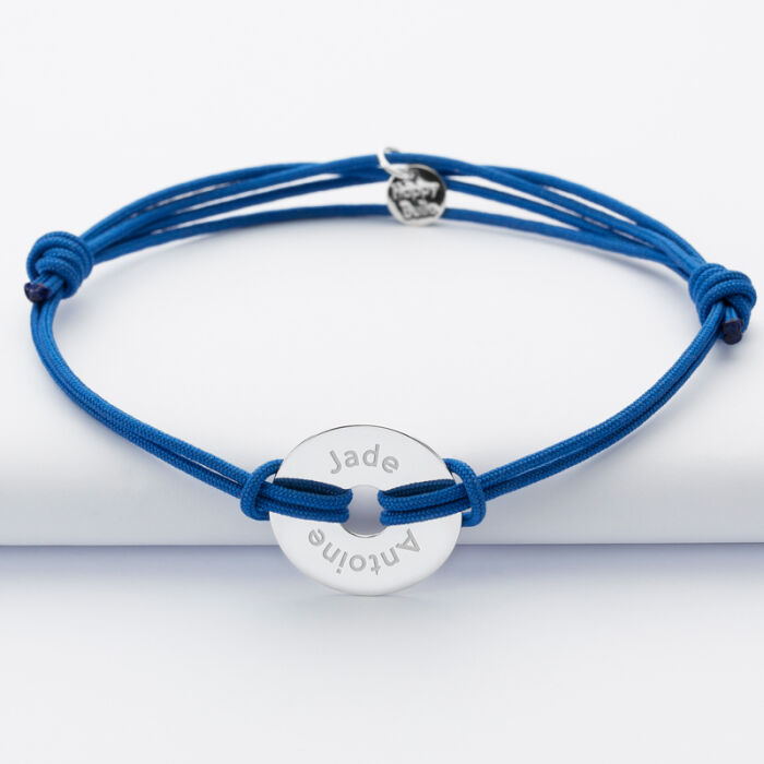 Bracelet homme personnalisé cordon double médaille gravée argent cible 20 mm  prénoms