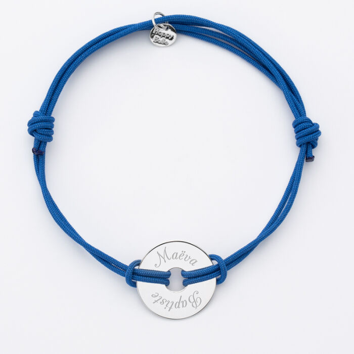 Bracelet homme personnalisé cordon double médaille gravée argent cible 20 mm  prénoms bis