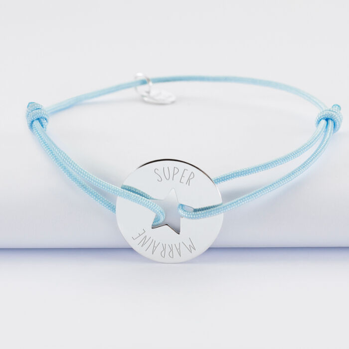 Personalised engraved silver star target medallion bracelet 21mm text 1