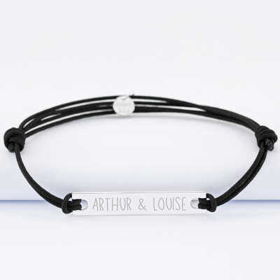 Men's double cord bracelet with personalised engraved silver medallion plaque 42x8mm names