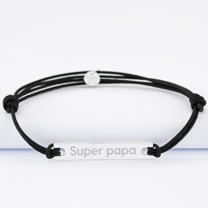 Men's double cord bracelet with personalised engraved silver medallion plaque 42x8mm text