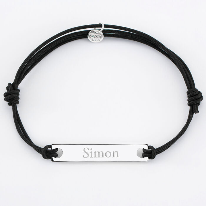 Men's double cord bracelet with personalised engraved silver medallion plaque 42x8mm name