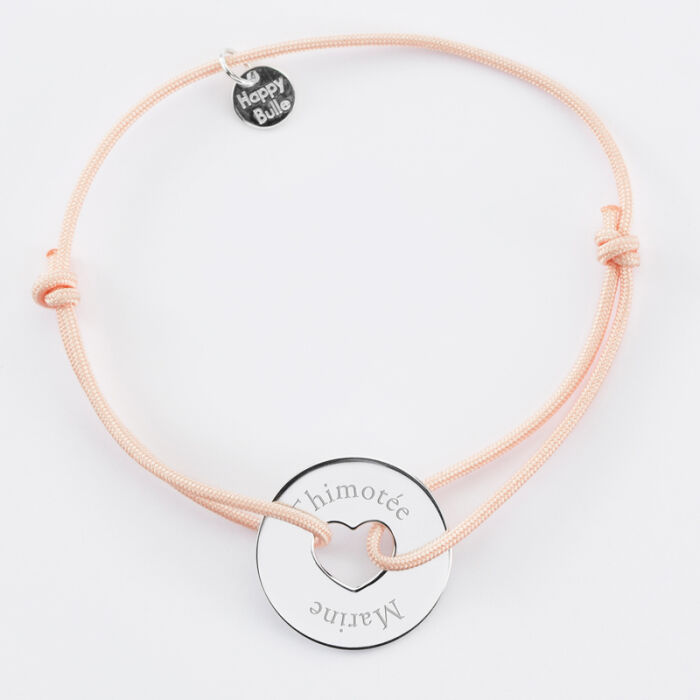 Personalised engraved silver target heart medallion bracelet 22 mm - names 2