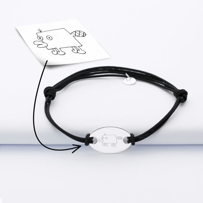 Bracelet homme personnalisé cordon doublé médaille gravée argent ovale 25x16 mm tutoriel dessin