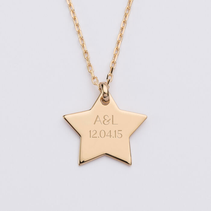 Pendentif personnalisé prénom médaille gravée plaqué or étoile 20x20 mm date