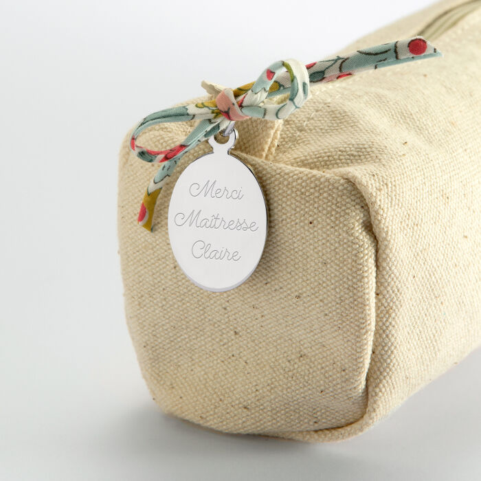 Trousse en coton avec noeud Liberty et médaille acier personnalisée texte