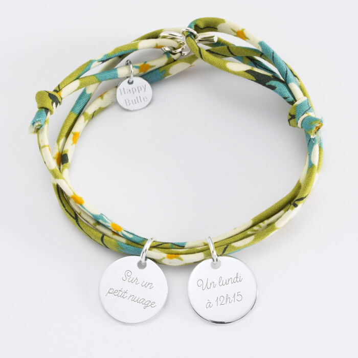Bracelet 3 tours liberty personnalisé 2 médailles gravées argent 15 mm - manuscrit 2