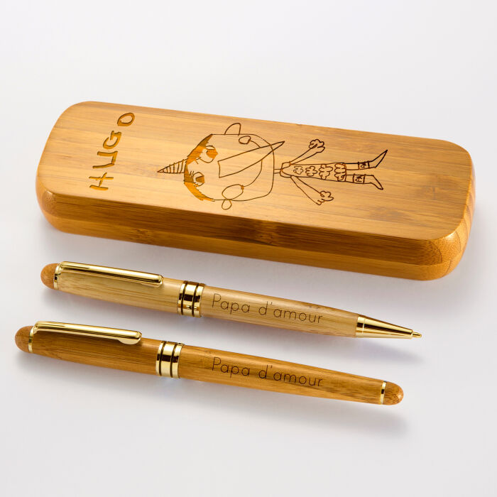 Coffret bambou personnalisé et 2 stylos gravés 170x60 mm - dessin pinoccio