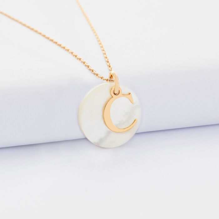 Personalised pendant with gold initial letter medaillon 14 mm and mother of pearl charm 19 mm
