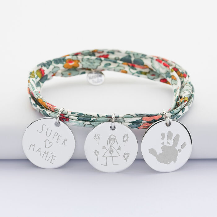 Bracelet 3 tours liberty personnalisé 3 médailles gravées argent 19 mm - mix dessins empreintes écrits