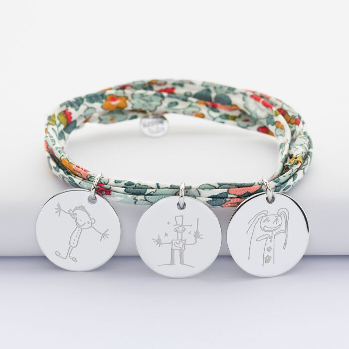 Liberty 3 turn bracelet with 3 personalised engraved silver medallions 19 mm - sketches imprints writing mix