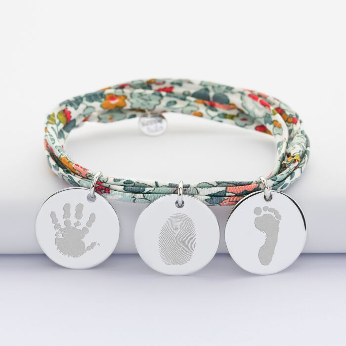 Bracelet 3 tours liberty personnalisé 3 médailles gravées argent 19 mm - empreintes