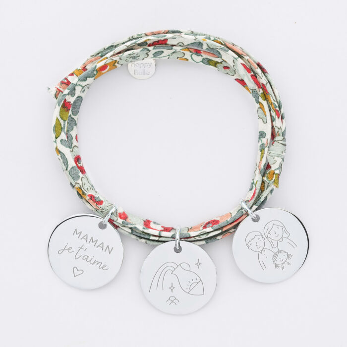 Bracelet 3 tours liberty personnalisé 3 médailles gravées argent 19 mm - illu