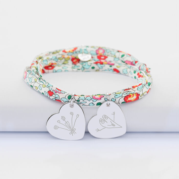 Bracelet Liberty personnalisé 2 médailles gravées argent dormeuses coeur 19x21 mm - dessin