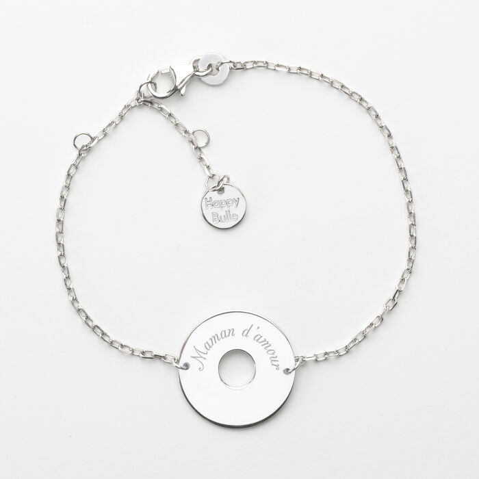 Bracelet chaîne personnalisé médaille gravée argent cible 2 trous 18 mm - prénom bis