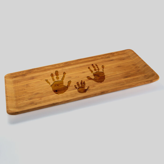 Plateau personnalisé bois gravé 35x16 cm - Nos petits imparfaits gravure empreintes