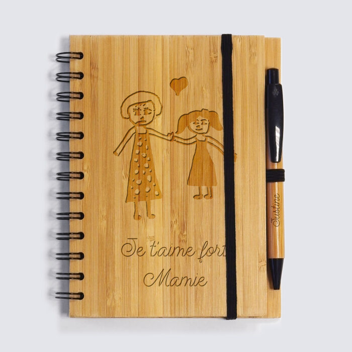 Personalised bamboo notebook 14,5x18 cm and engraved pen - Our little imperfections