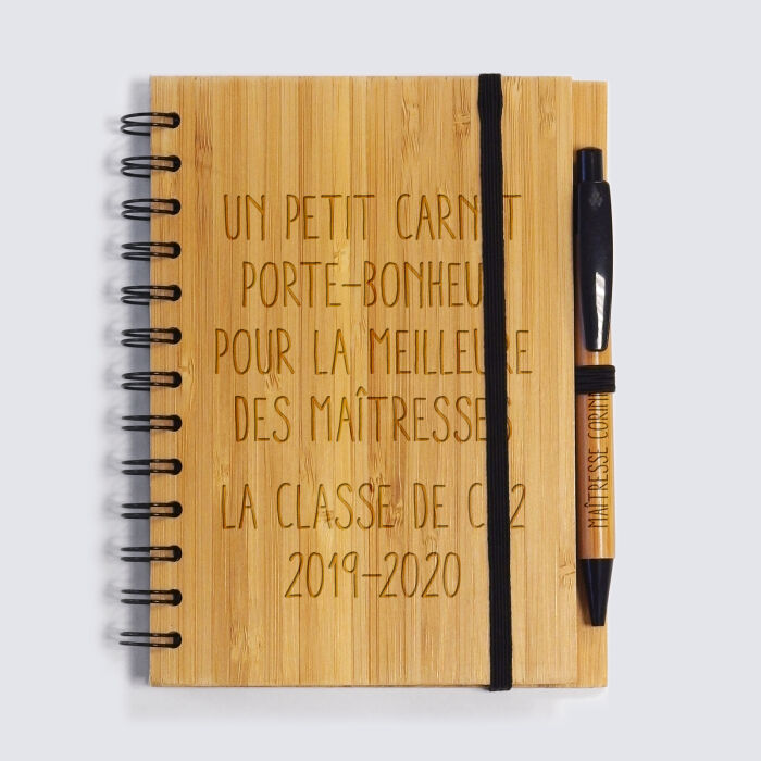 Personalised bamboo notebook 14,5x18 cm and engraved pen - Our little imperfections