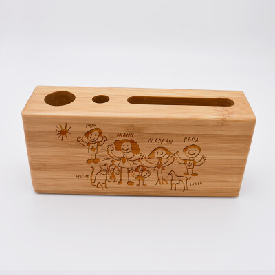 Support bureau 14,6x6,5 cm bois gravé dessin