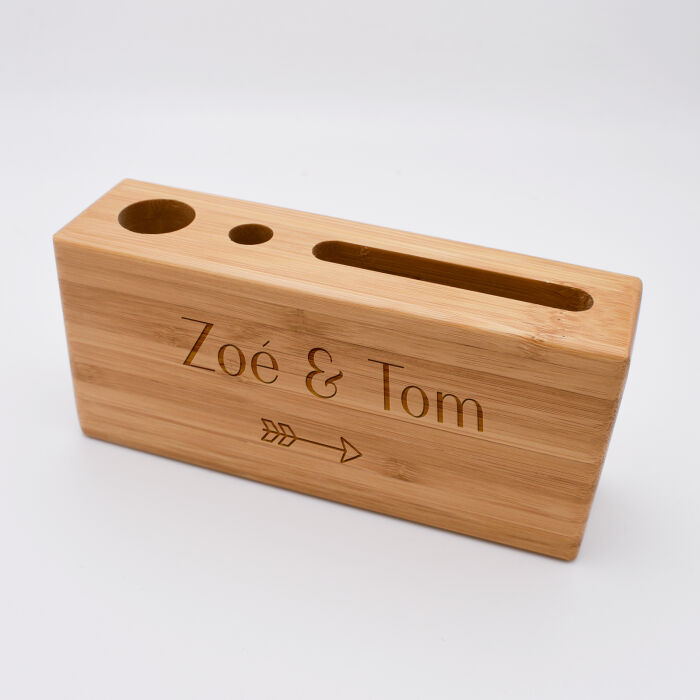 Support bureau 14,6x6,5 cm bois gravé prénoms