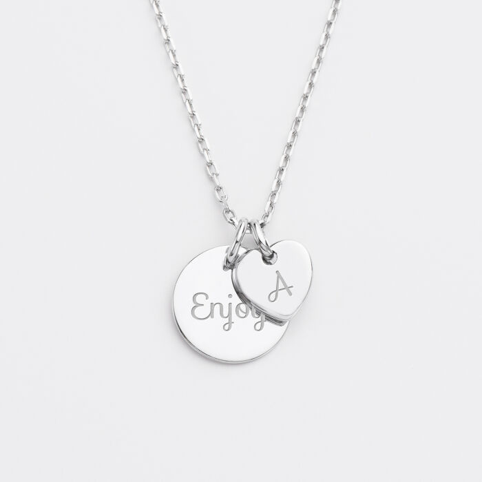 Pendentif personnalisé médaille gravée argent 15 mm et breloque coeur 10 mm texte