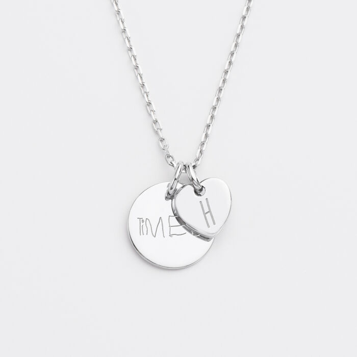 Pendentif personnalisé médaille gravée argent 15 mm et breloque coeur 10 mm écrits