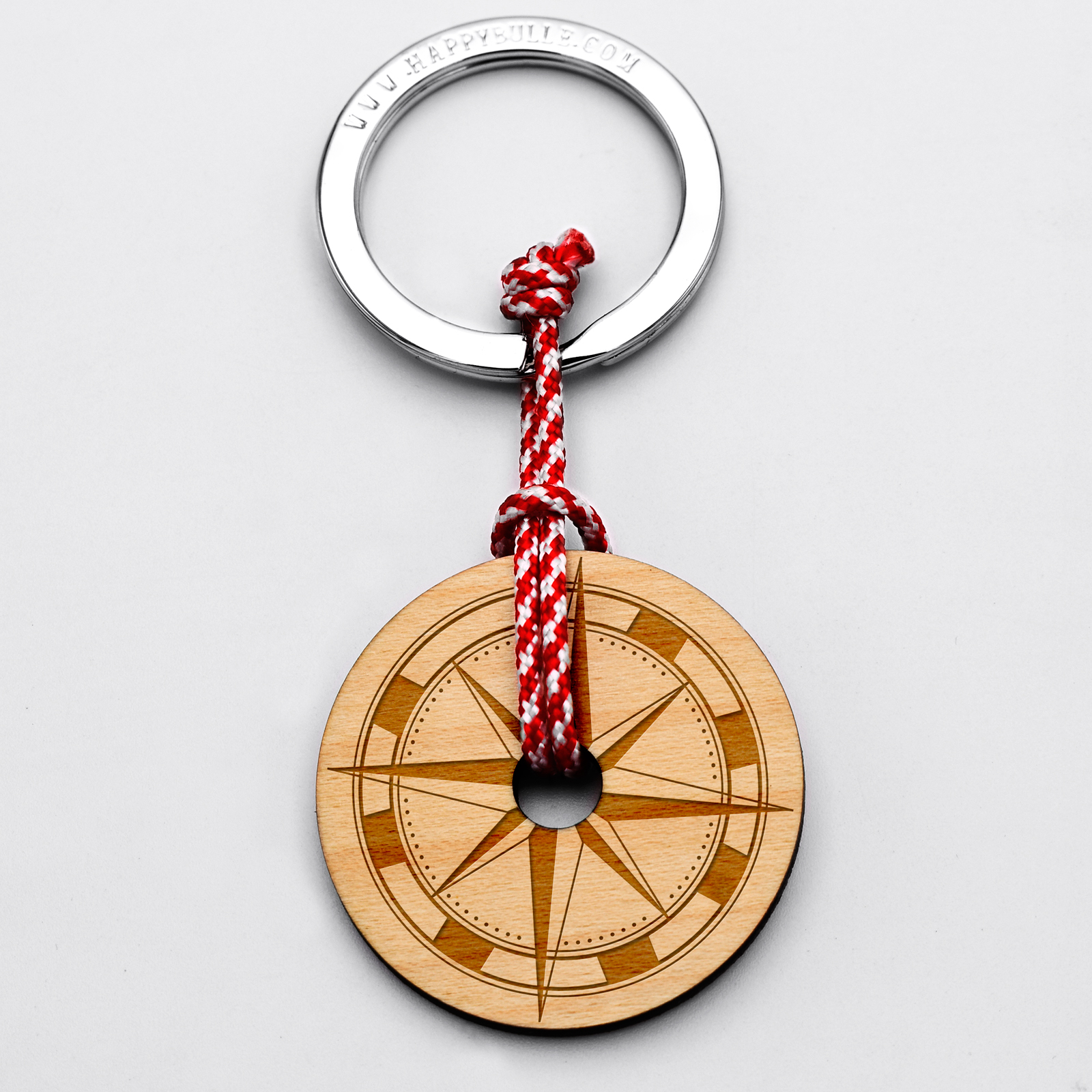 Porte clés boussole personnalisé bois gravé médaille ronde 40 mm -  édition spéciale