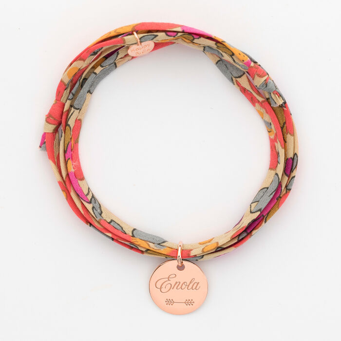 Bracelet 3 tours Liberty personnalisé médaille gravée plaqué or rose 15 mm - texte picto