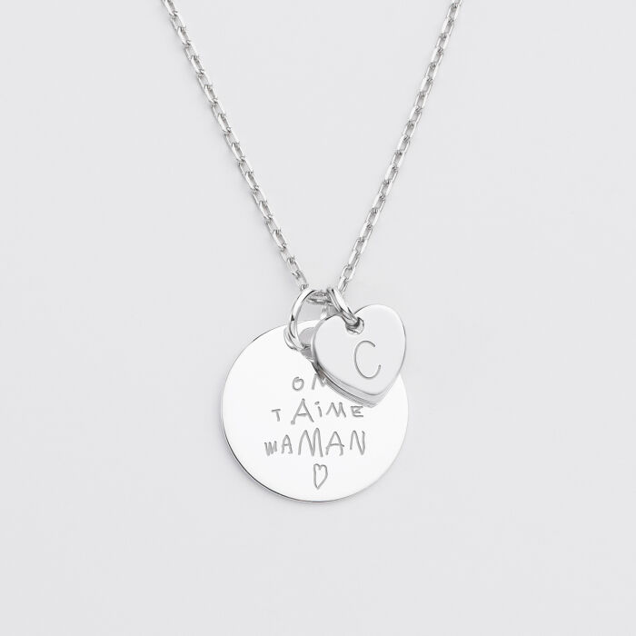 Pendentif personnalisé médaille gravée argent 19 mm et breloque coeur 10 mm écrits
