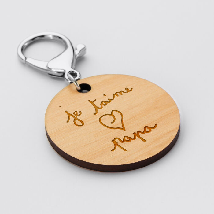 Porte clé personnalisé gravé bois médaille ronde 50 mm écrit papa