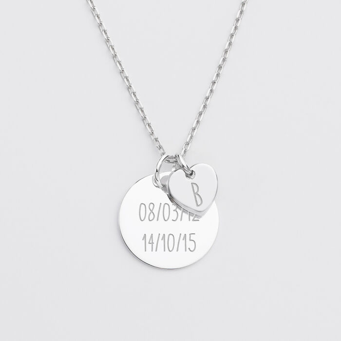 Pendentif personnalisé médaille gravée argent 19 mm et breloque coeur 10 mm texte