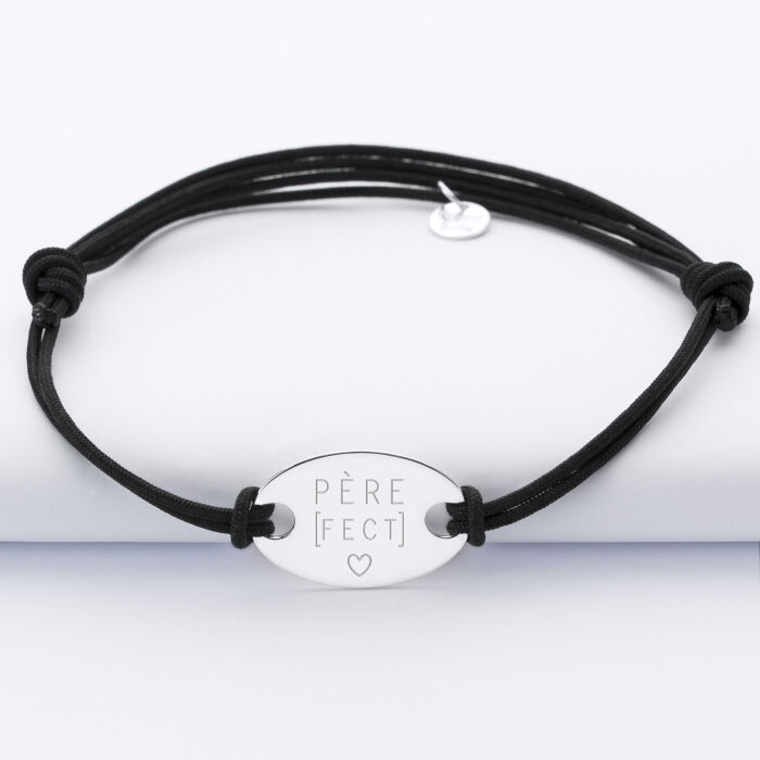 Men's double cord bracelet with personalised engraved oval silver medallion 25x16mm sketch