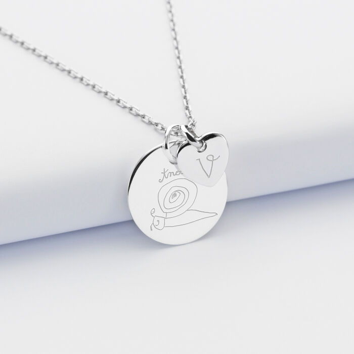 Pendentif personnalisé médaille gravée argent 19 mm et breloque coeur 10 mm