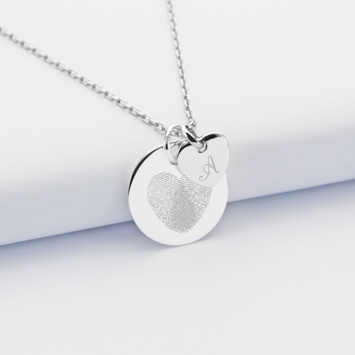 Pendentif personnalisé médaille gravée argent 19 mm et breloque coeur 10 mm empreinte