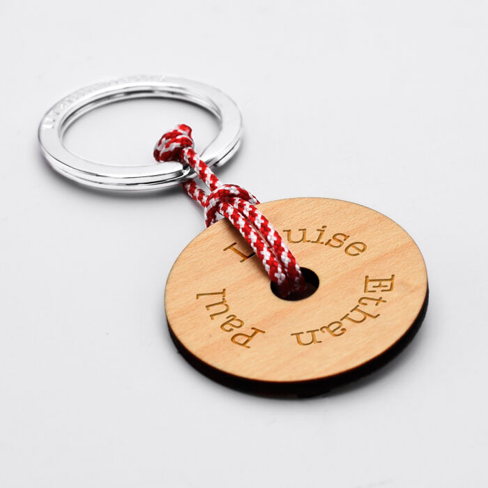 Porte clé personnalisé gravé bois médaille ronde 40 mm - édition spéciale "boussole" prénoms