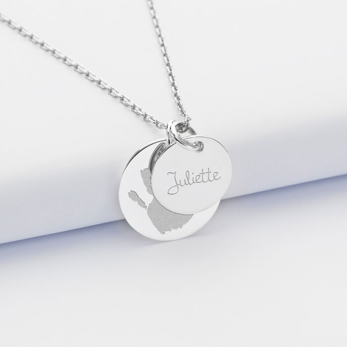 Pendentif personnalisé 2 médailles gravées argent 19 mm et 15 mm empreinte et prénom