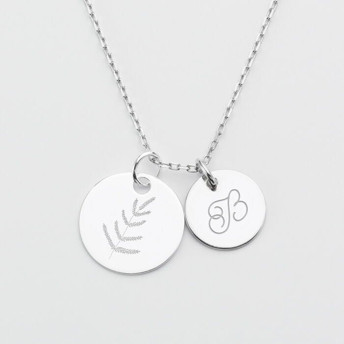 Pendentif personnalisé 2 médailles gravées argent 19 mm et 15 mm dessin et illustration