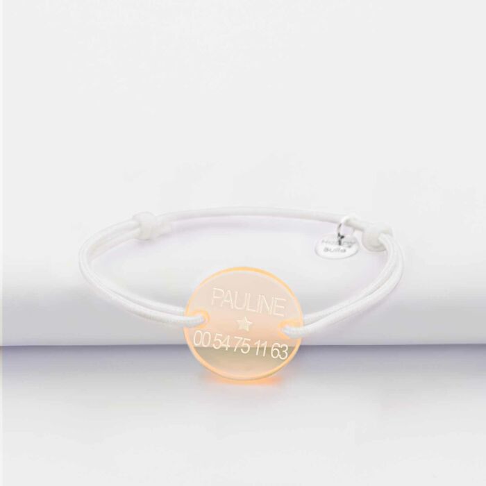 Bracelet d'identification enfant médaille gravée acrylique orange 2 trous 17 mm Pauline