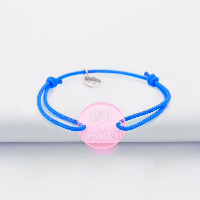 Bracelet d'identification enfant médaille gravée acrylique rose 2 trous 17 mm Anna