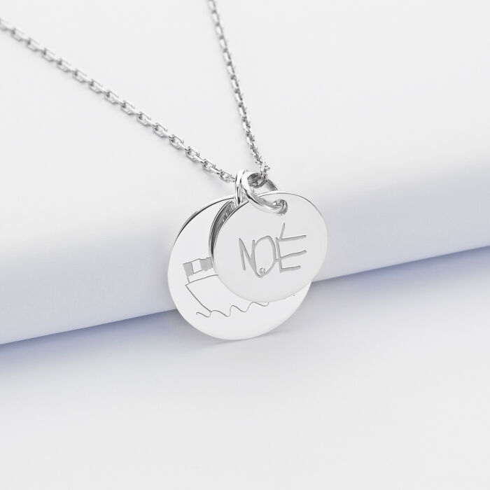Personalised pendant with 2 engraved silver medallions, 19mm and 15mm sketch and writing