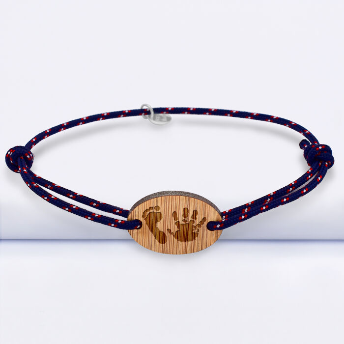 Bracelet homme personnalisé cordage double marine médaille gravée bois ovale 2 trous 25x17 mm empreintes pied et main
