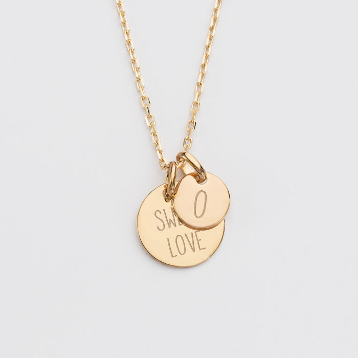 Pendentif personnalisé médaille gravée plaqué or 15 mm et breloque ronde 10 mm texte
