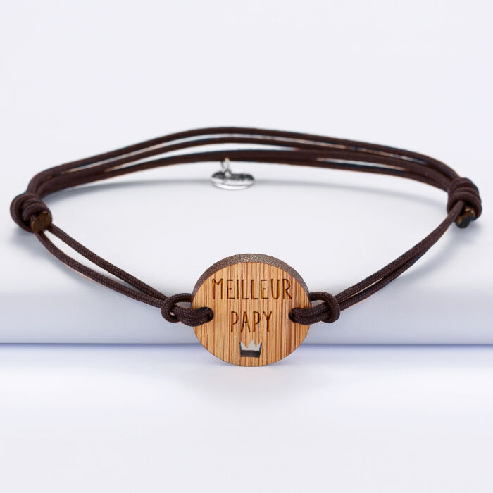 Bracelet homme médaille gravée bois ronde 21 mm - Edition spéciale "Meilleur papy" marron