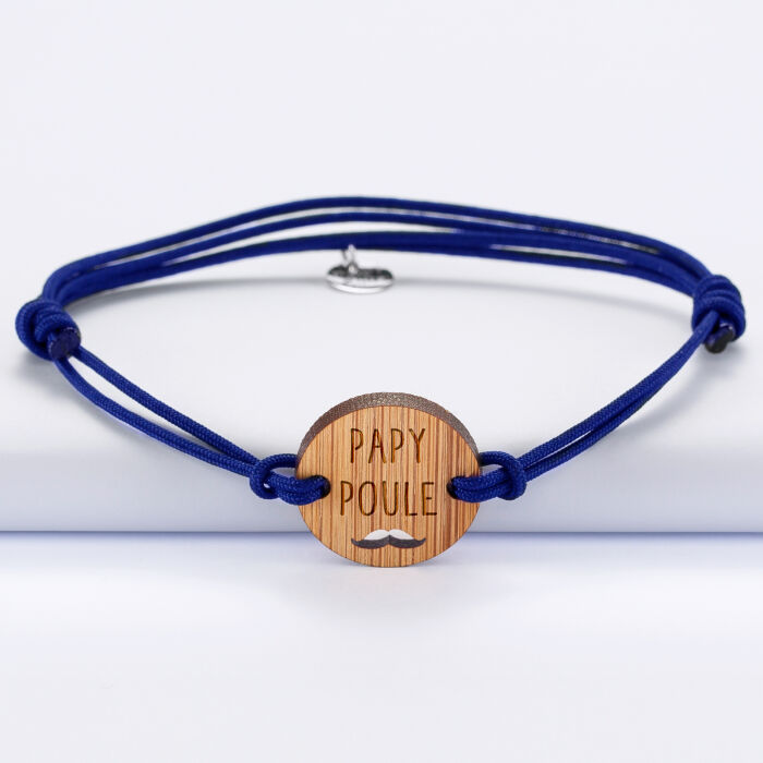 Bracelet homme médaille gravée bois ronde 21 mm - Edition spéciale "Papy poule ajouré" bleu