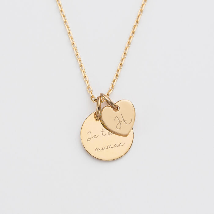 Pendentif personnalisé médaille gravée plaqué or 15 mm et breloque coeur 10 mm texte