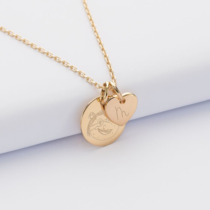Personalised engraved gold-plated medallion pendant 15mm and heart charm 10mm sketch